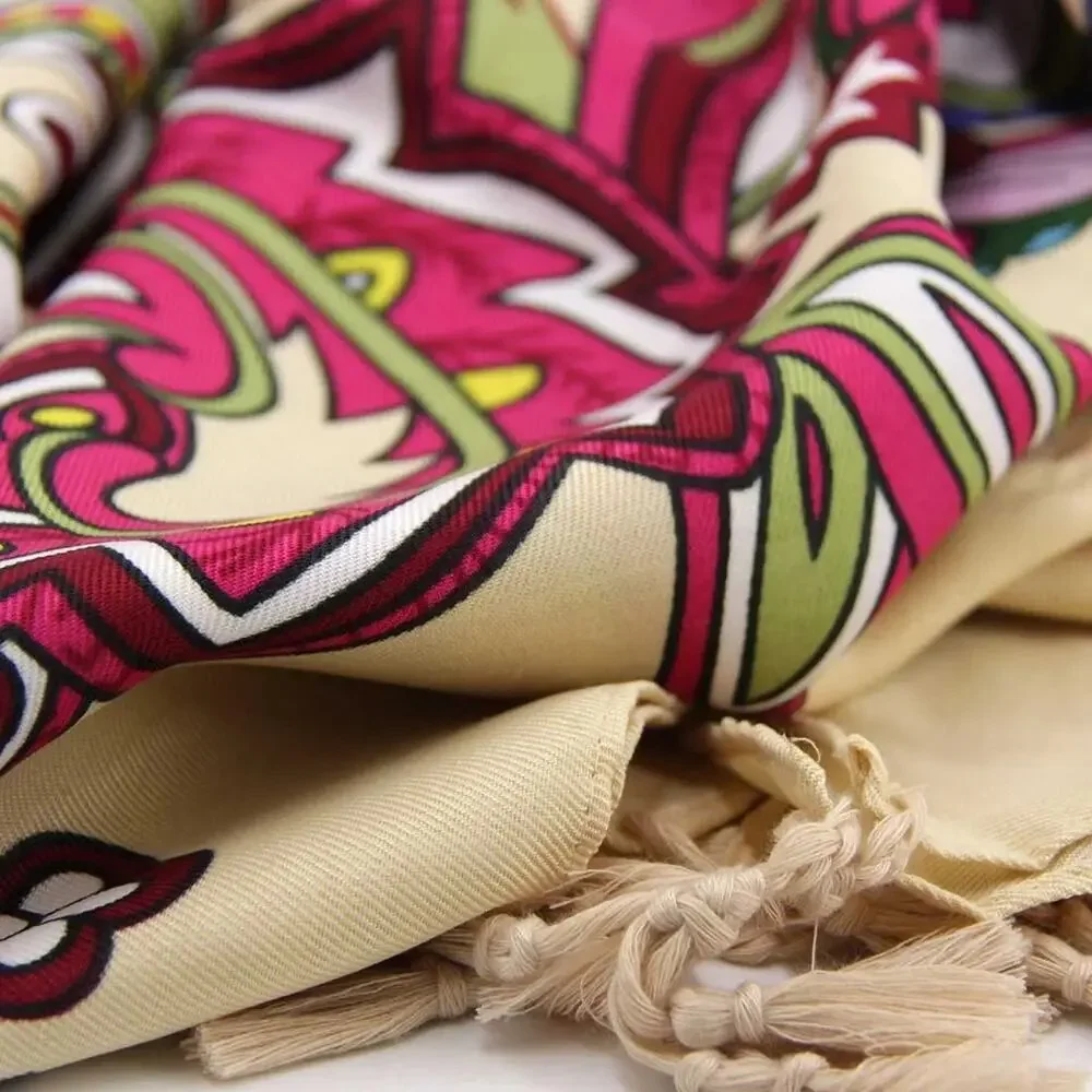 NEW Boho Floral Abstract Design Tasseled Rectangle Soft Chic Scarf L Cream